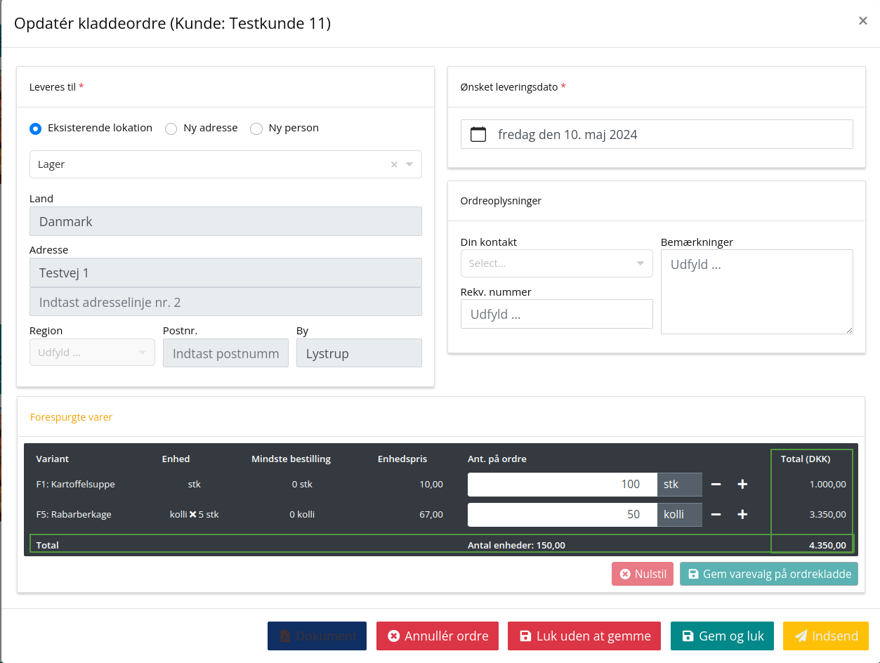 ordretotaler inden ordren endeligt placeres i B2B Commerce