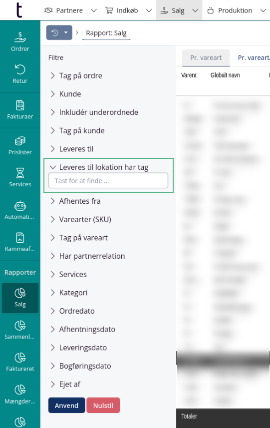 Salgsrapport: Lokation tags-filter