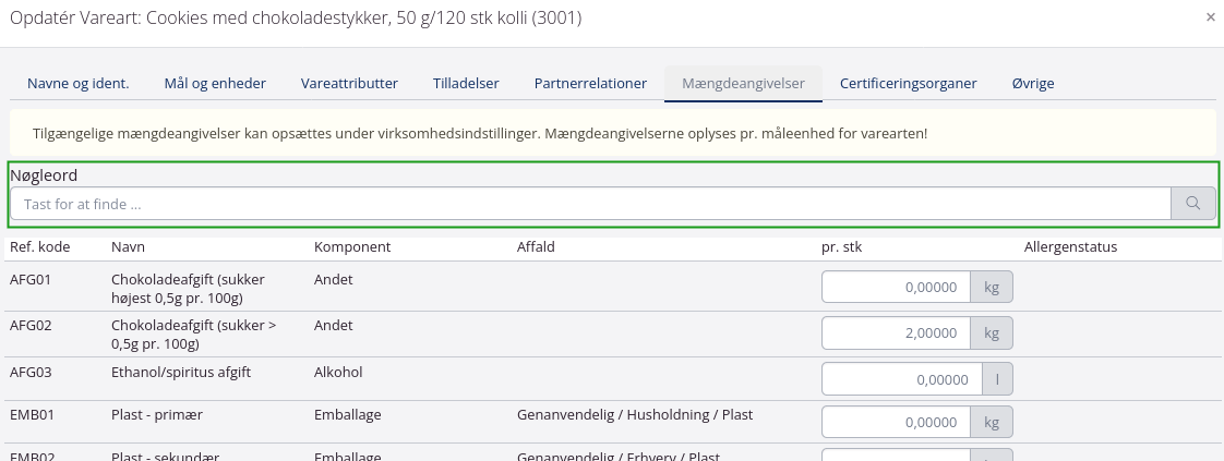 Mængdeangivelser på varearter