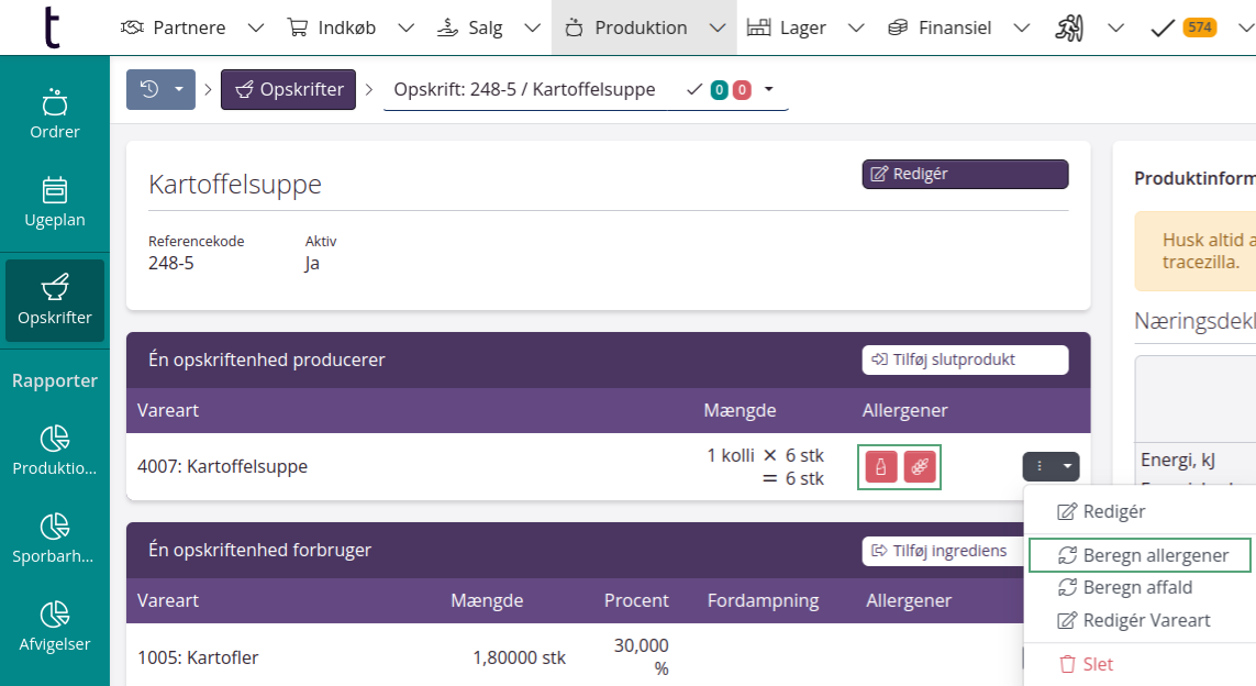 Opskrift - Beregn allergener og se allergener