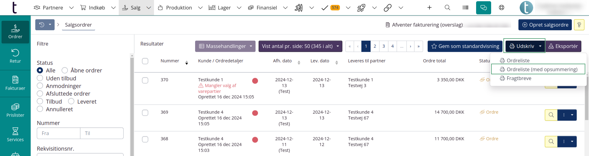 Ordreliste med opsummering