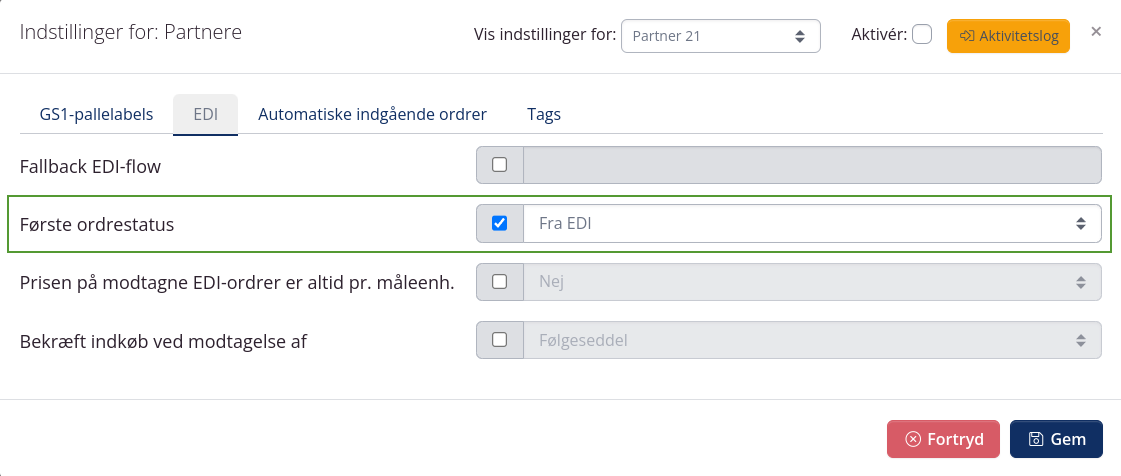 Partnerindstillinger: EDI ordrestatus