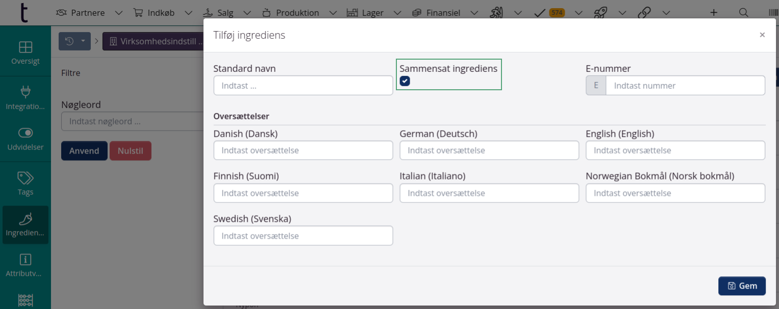 Ingredienser - Ny standardindstilling