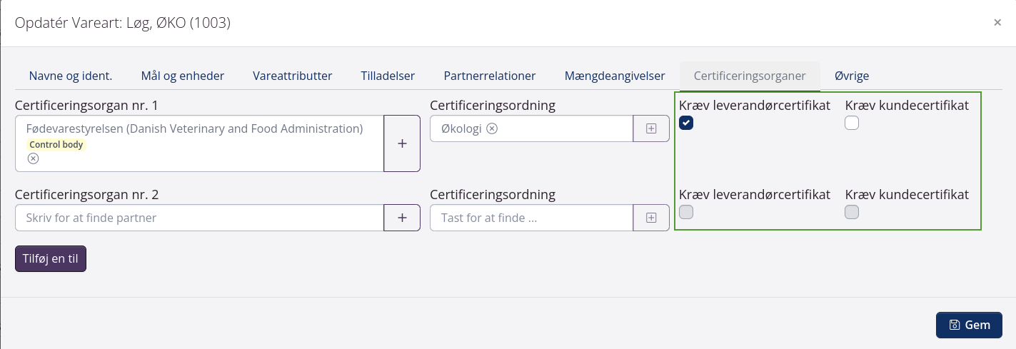 SKU indstillinger: Kræv certifikat