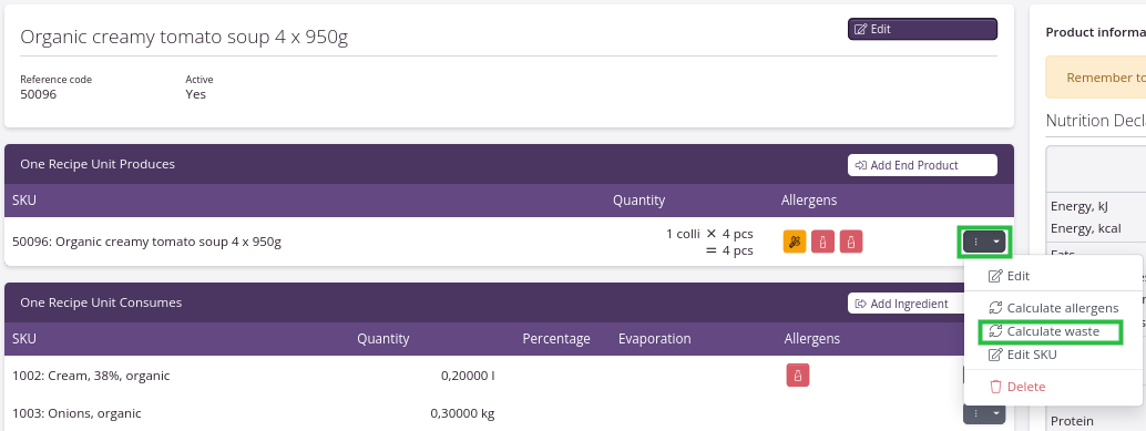 calculate waste on recipes