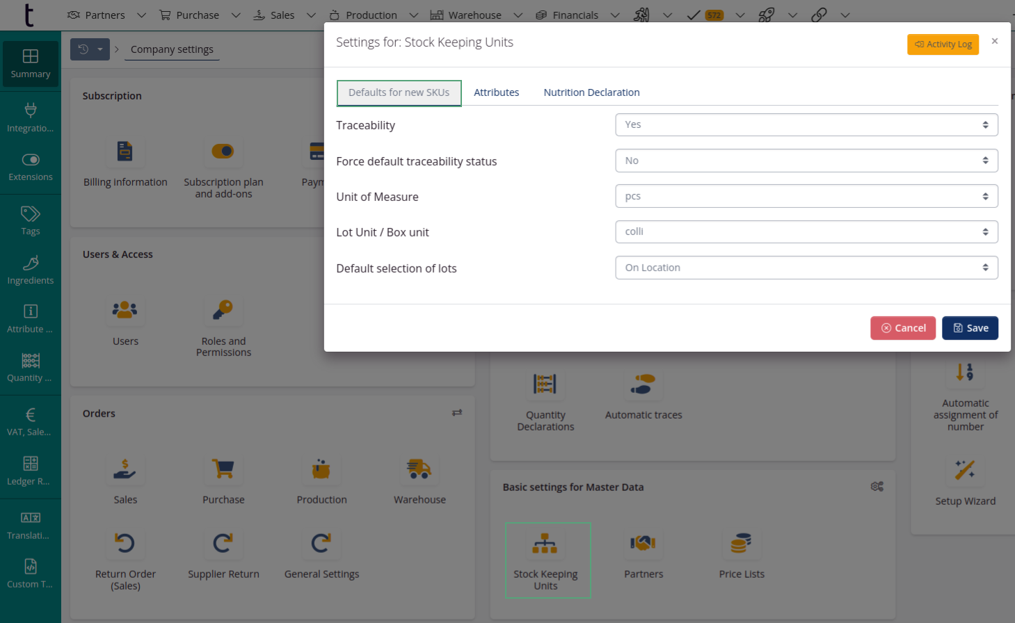 Standard settings for articles