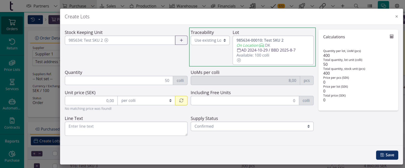 Create lots - Use existing lot number