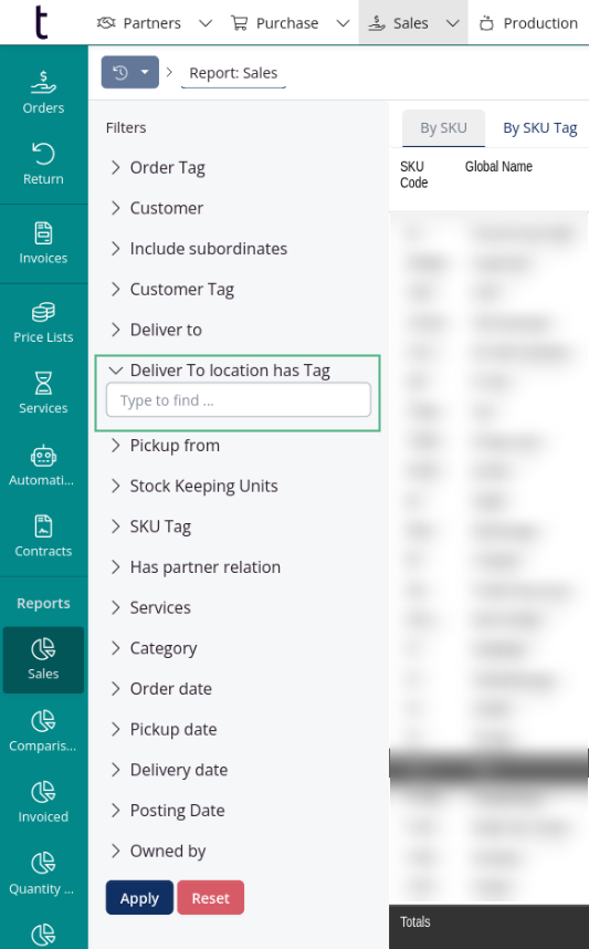 Sales Report: Delivery location tag filter