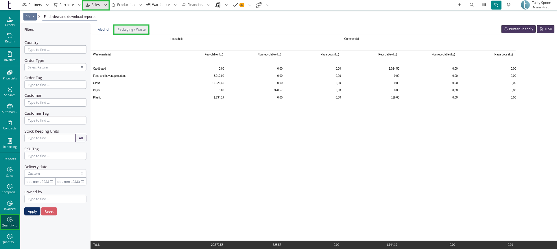 Packaging waste quantity declaration component report