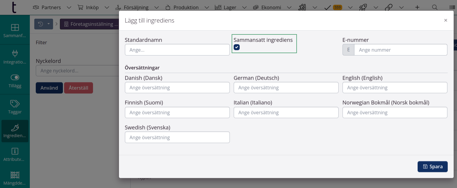 Ingredienser - Ny standardinställning