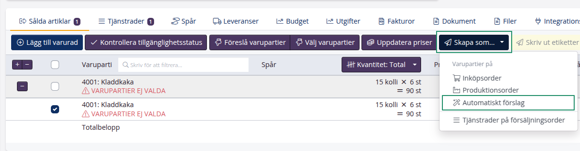 Försäljningsorder > Skapa automatiskt