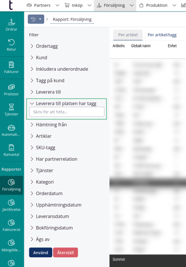 Försäljningsrapport: Platstagg-filter