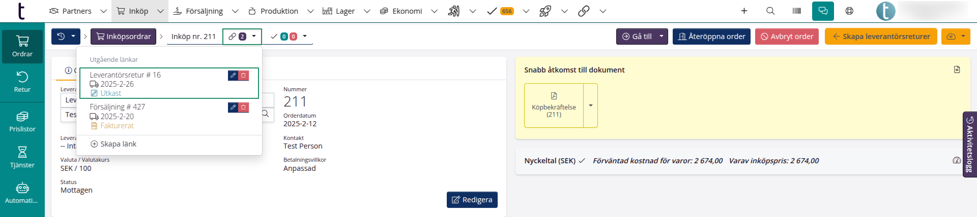 Gå till leverantörsreturordren via inköpsordern