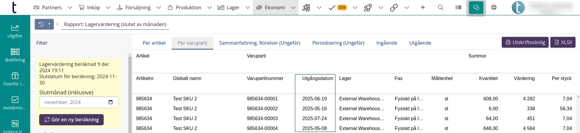 Lagervärderingsrapport - Varupartier - Utgångsdatum