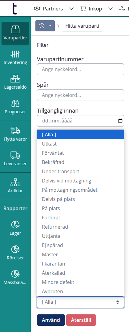 Lager > Varupartier: Filter