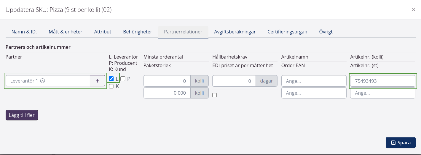 Partnerrelationer i tracezilla: leverantörens artikelnummer