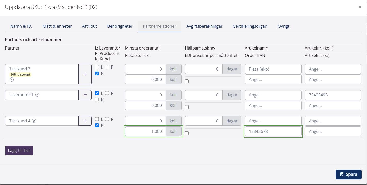 paketstorlek och beställnings-EAN