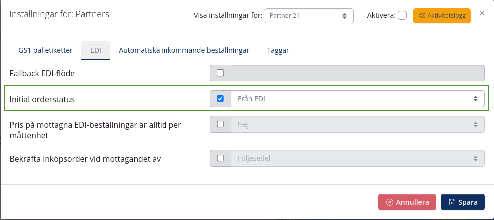 Partnerinställningar: EDI order status