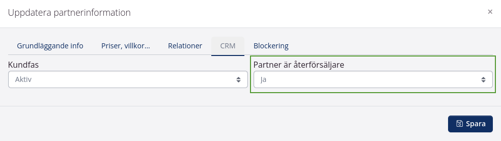 Partnerinställningar: Partner är återförsäljare