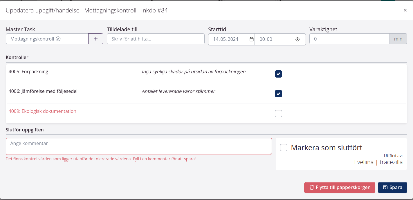 Inköpsorder: Mottagningskontroll