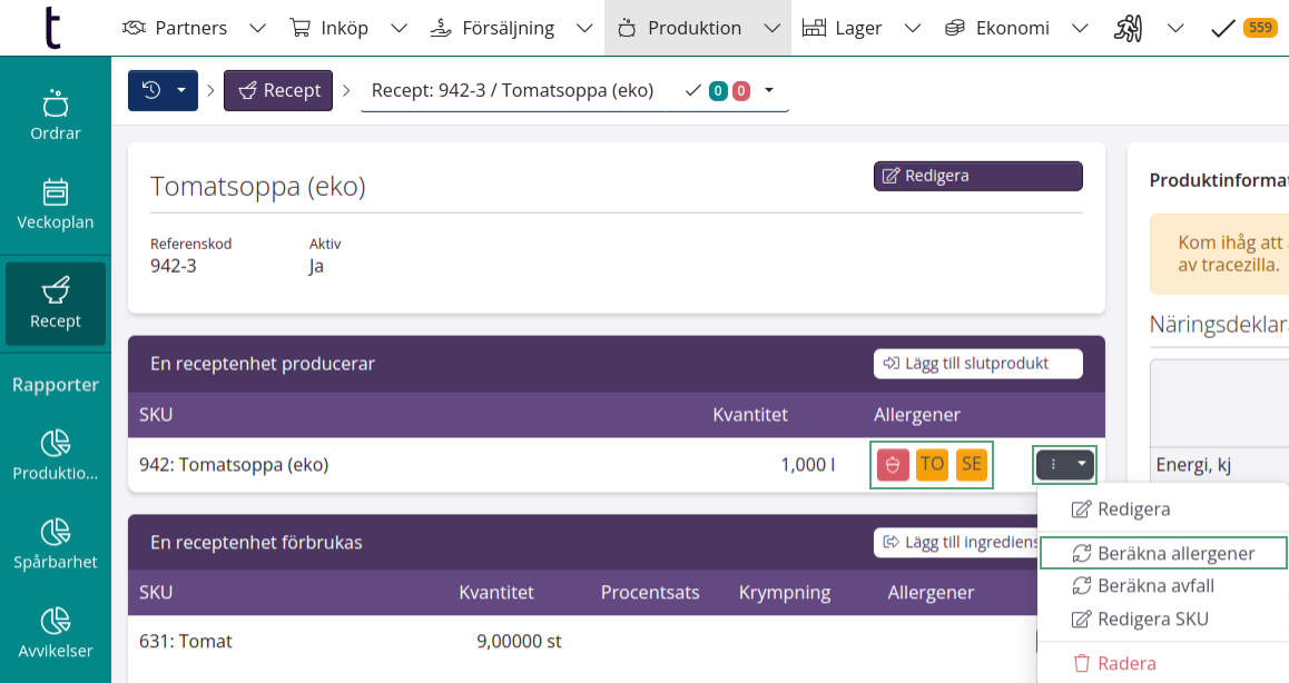 Recept - Beräkna allergener och se allergener