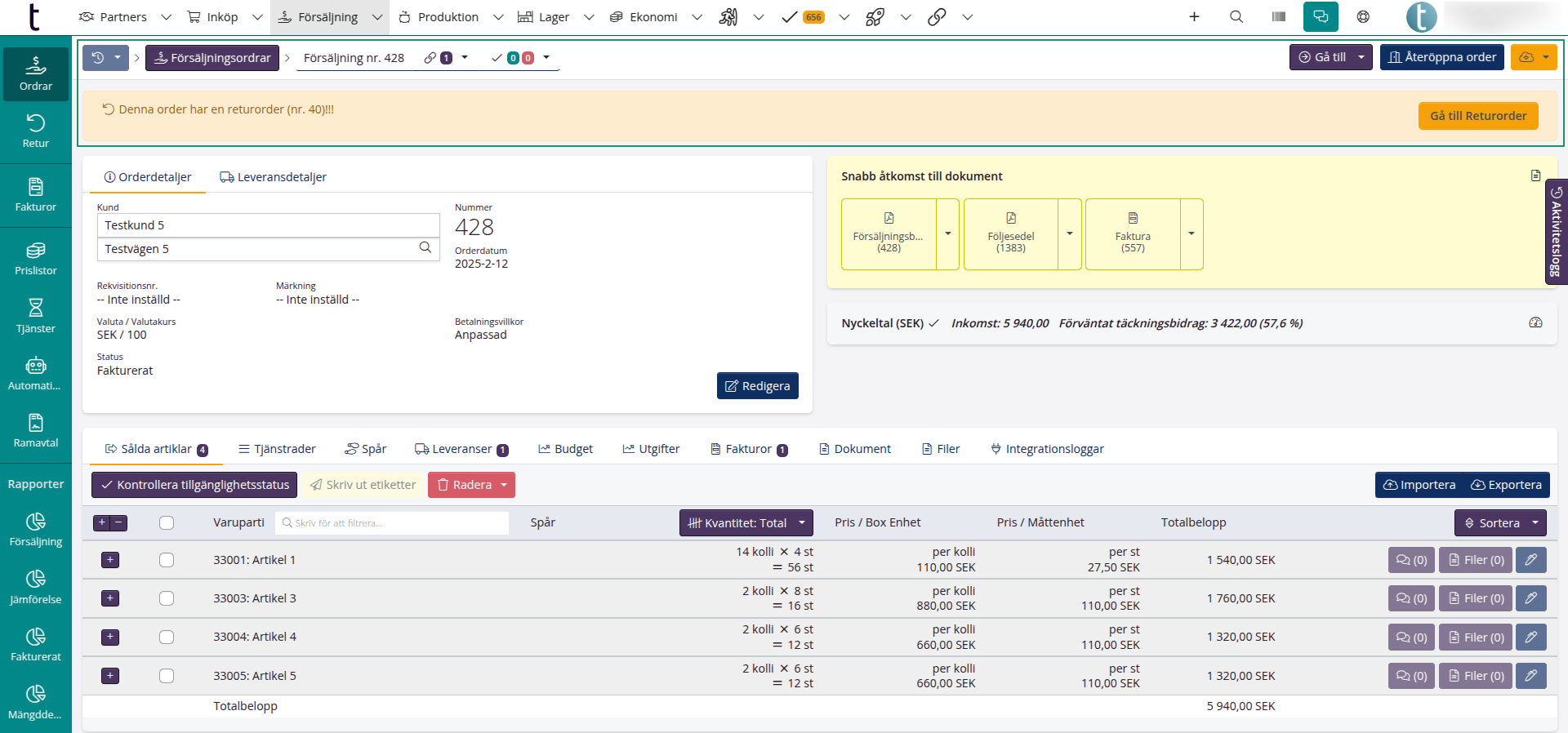 Gå till returorder via försäljningsordern