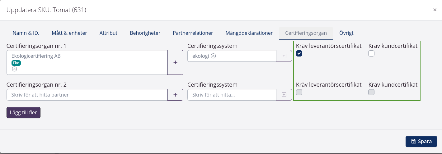 Artikelinställning: Kräv certifikat