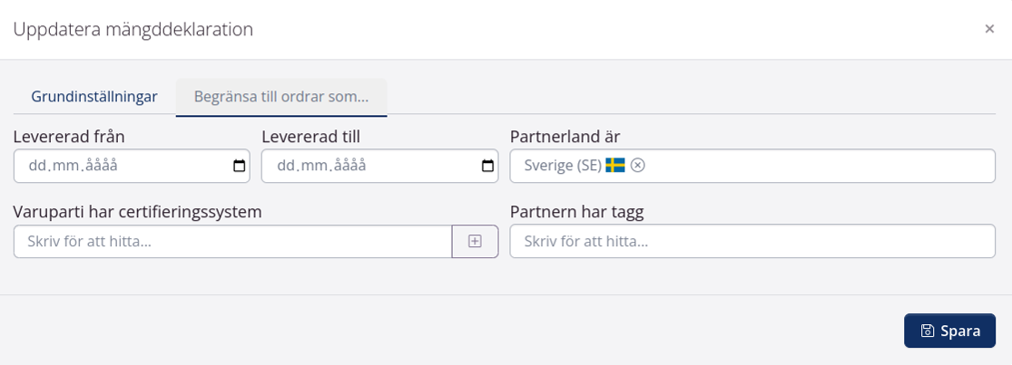 Mängddeklaration inställningar del 2